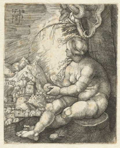 Eve seated on a tree stump with an apple in her hand