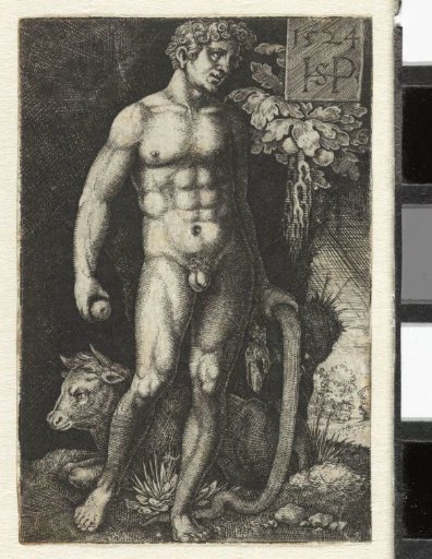 Adam with serpent and apple and recumbent bull
