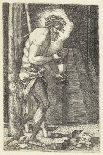 Christ as Man of Sorrows standing at the foot of the cross