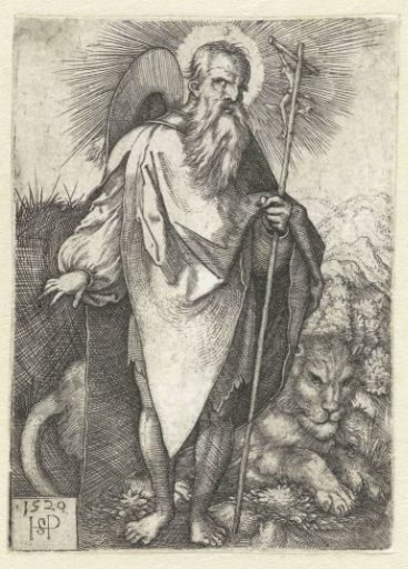 Saint Jerome standing with a crucifix and a lion