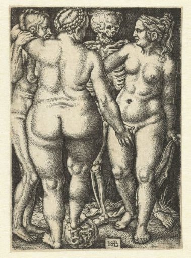 Death and three standing naked women