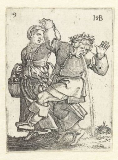 Dancing peasant couple, man vomiting