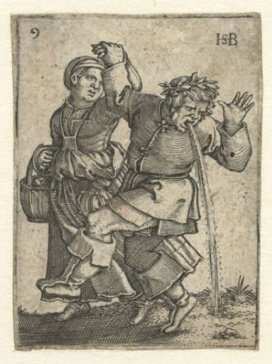Dancing peasant couple, man vomiting