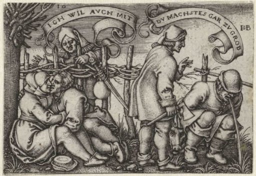 A man and woman courting spied upon by a girl, and a man vomiting from drunkenness
