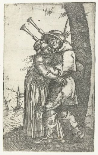 Bagpiper with a woman in his arms