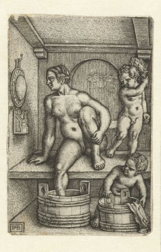 Woman with two children in a bathroom