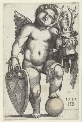 Female putto with coat of arms on a shield