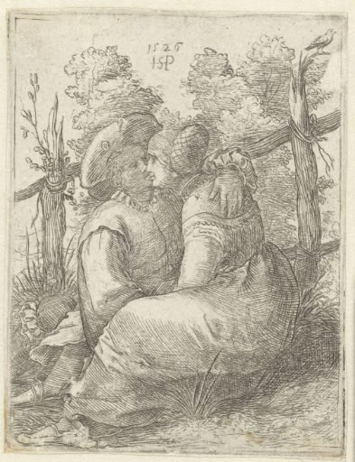 Lovers sitting in front of a fence