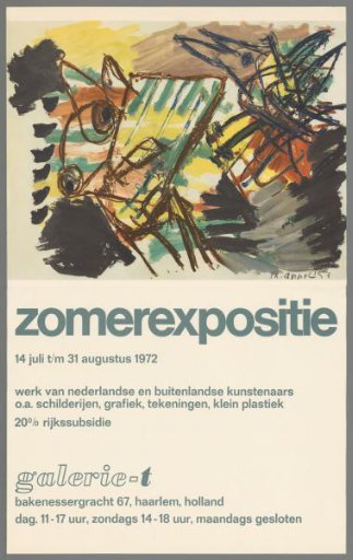 Summer exhibition 14 July to 31 August 1972. Work by Dutch and foreign artists including paintings, graphics, drawings, small plastic, 20% state subsidy, Galerie -t.