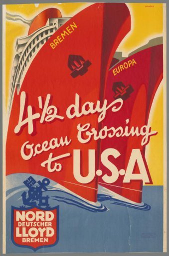 4 1/2 days ocean crossing to U.S.A., Nord Deutscher Lloyd Bremen.