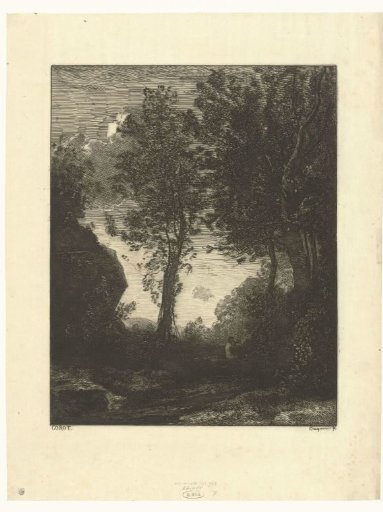 Landscape with trees by a stream and a figure playing a flute