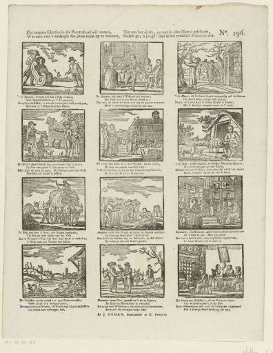 The six pairs of sketches in this print tableau wish to show / What one comes to witness from the beginning of the year / Until the end, and what happens in each month, / As you, O youth! see here in this twelve-month series