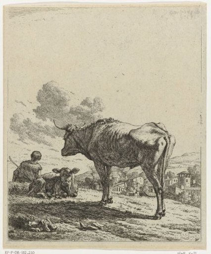 Shepherd with an Ox and Calf Near a Village