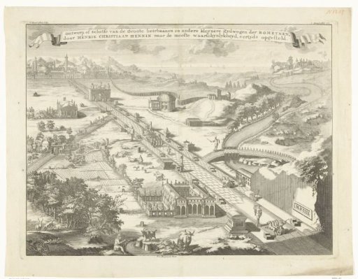 Design for a Roman road with monuments and a triumphal arch
