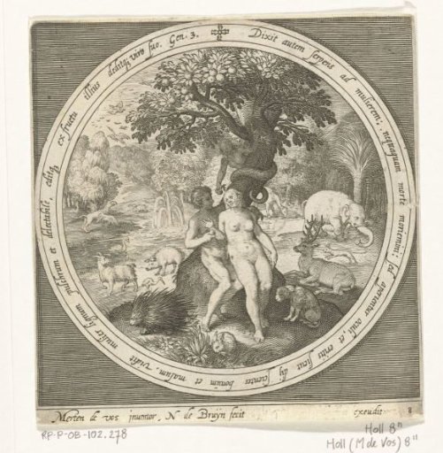 Eve is deceived by the serpent at the tree of knowledge of good and evil