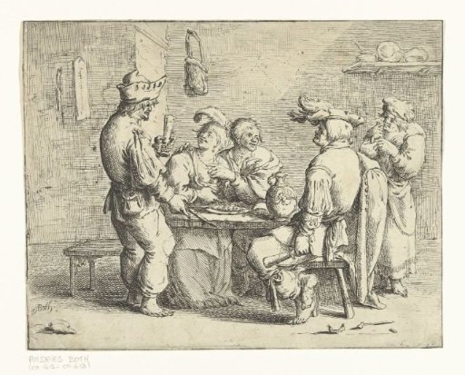 Three peasants and a woman at a table in a brothel