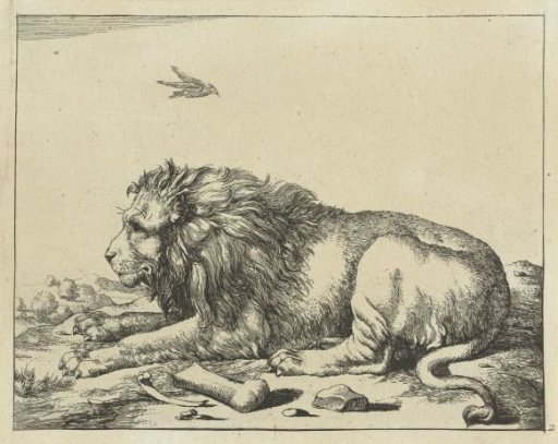 Lying lion with a bird above it