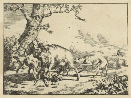 A Boar Attacked by Four Hunting Dogs