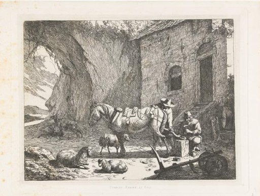 Horse being shod by a farrier in a yard