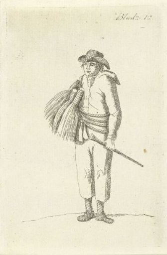 Standing man with hand brooms over his shoulder