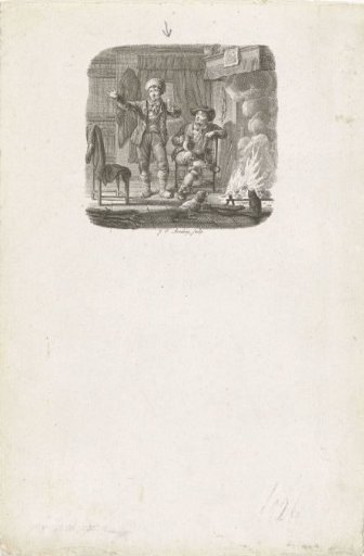 Two Men in Conversation by the Fireplace