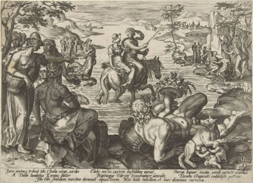 Cloelia rides across the Tiber on horseback