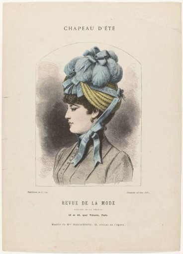 Revue de la Mode, Gazette de la Famille, Sunday 28 June 1885, Supplement No. 704: Summer Hat (...)