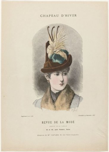 Revue de la Mode, Gazette de la Famille, Sunday, November 29, 1885, Supplement to No. 726: Winter Hat (...)