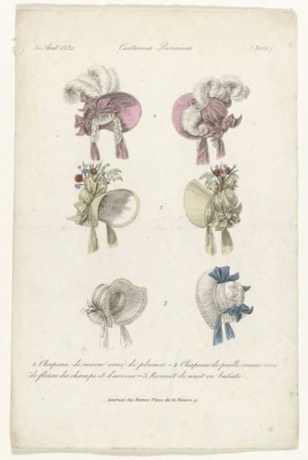 Journal des Dames et des Modes, Parisian Costumes, August 30, 1832, (3012): 1. Moiré Hat (...)