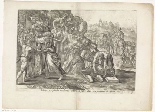 Tobias, Sara, and the angel take leave of Raguel and Edna