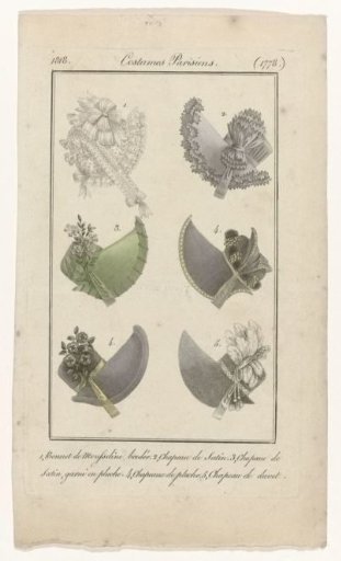 Journal des Dames et des Modes, Costumes Parisiens, 5 December 1818, (1778): 1. Bonnet de Mousseline brodé (...)