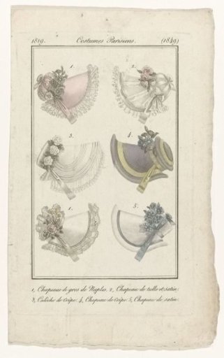 Journal des Dames et des Modes, Costumes Parisiens, 10 October 1819, (1849): 1, Chapeau de gros de Naples (...)