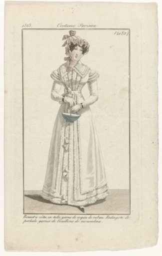 Journal des Dames et des Modes, Parisian Costume, 1823, (2182): Ribbed bonnet (...)