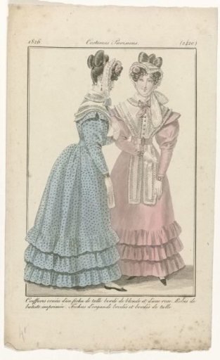 Journal des Dames et des Modes, Parisian Costumes, 1826, (2420): Coiffures adorned with a fichu (...)