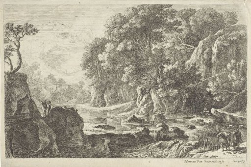 River landscape with two fishermen