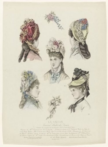 La Saison, Illustrated Journal for Ladies, 1876, 9th year, No. 8, No. 398: Hats by Mme Connois (...)