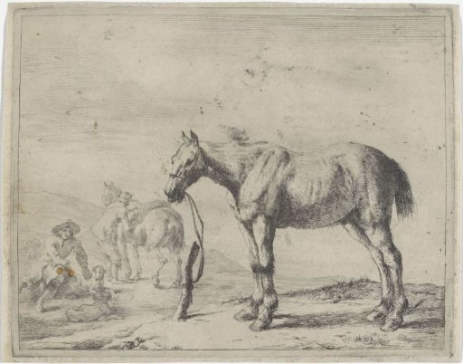 Horse tied to a post facing left