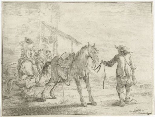 Urinating horse held by the reins