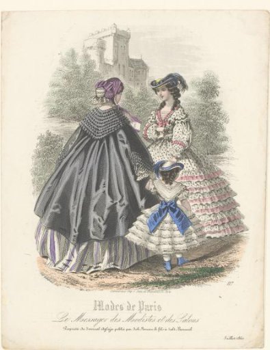 Two women and a girl in Parisian fashion conversing before a castle