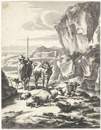 Rocky landscape with a shepherd and his flock