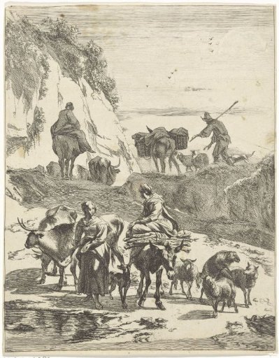 Shepherds at a ford in the mountains