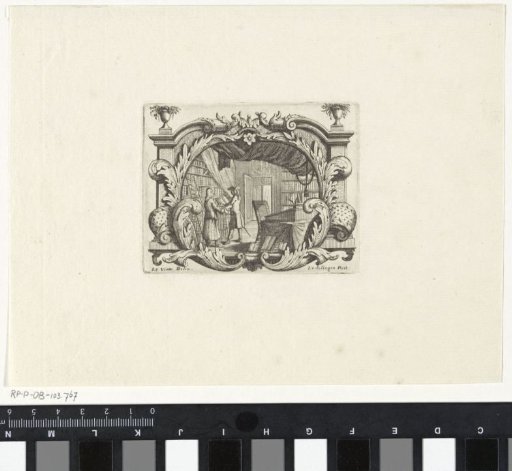 Vignette with an interior of a library