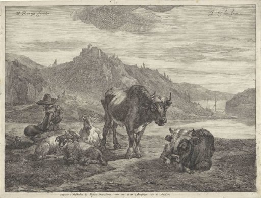 River landscape with a resting shepherd and flock