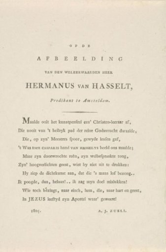 Text sheet accompanying the portrait of Hermanus van Hasselt