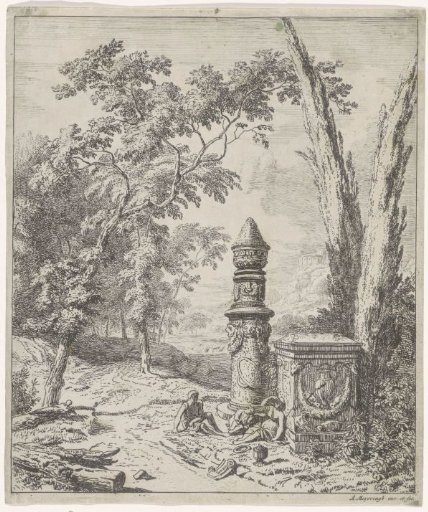 Landscape with resting figures near a monument
