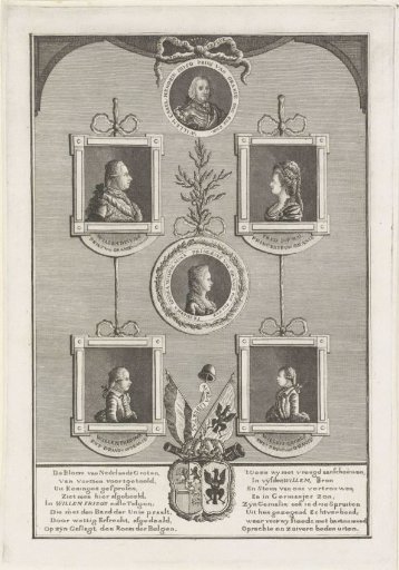 Portraits of William IV, Prince of Orange-Nassau, William V, Prince of Orange-Nassau, Wilhelmina of Prussia, Louise, Princess of Orange-Nassau, William I Frederick, King of the Netherlands, and Frederick, Prince of Orange-Nassau