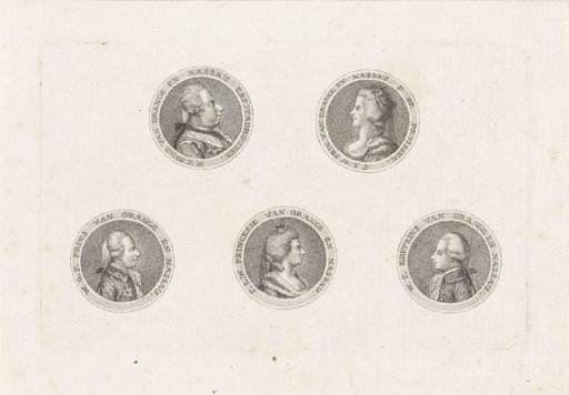 Medals with portraits of William V, Prince of Orange-Nassau, Wilhelmina of Prussia, Frederick, Prince of Orange-Nassau, Louise, Princess of Orange-Nassau, and William I Frederick, King of the Netherlands