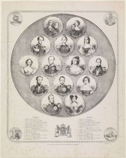 Portraits of William I Frederick, King of the Netherlands, Wilhelmina of Prussia, their sons with spouses, their daughter with spouse, and eight grandchildren