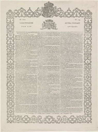 Newspaper in honor of the birth of Willem I Frederik, King of the Netherlands, on 24 August 1772
