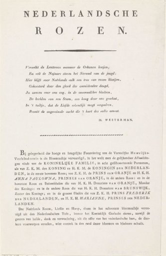 Text accompanying the roses with silhouette portraits of Willem I Frederik, King of the Netherlands, Wilhelmina of Prussia, their children, his mother and his sister.